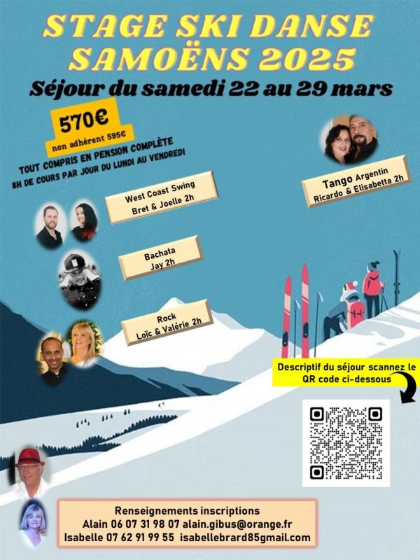 Stage ski danse Samoëns 2025 Bachata - Rock - West Coast-Tango Argentin 40h de cours du 22 au 29 mars 