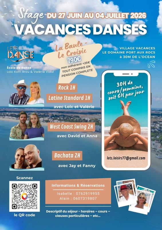 Stage vacances danses La Baule Le Croisic west coast swing Bachata Rock danse de salon Latines Standard  